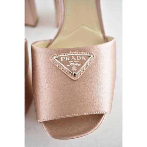 Prada 115mm Nudo Satin Logo Platform Sandal Ankle Strap Block Heel Pump 40 - Picture 8 of 14